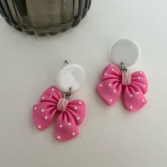 Cute Lolita Pink & Purple Bow Dangle Earrings Set - Polka-dot Bow Earrings - Picture 14 of 17